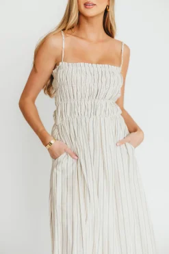 New Worth Collective Riley Striped Linen Midi Dress in Ivory