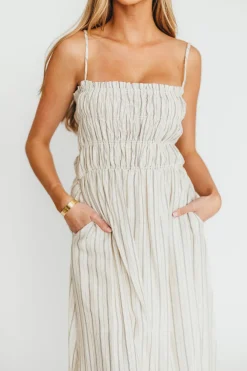 New Worth Collective Riley Striped Linen Midi Dress in Ivory