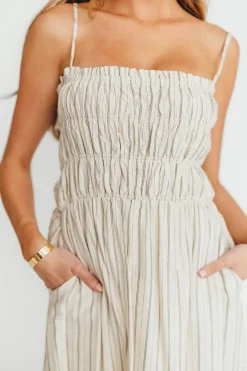 New Worth Collective Riley Striped Linen Midi Dress in Ivory