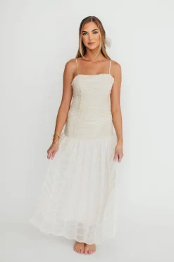 Fashion Worth Collective Rosie Ruched Maxi Dress With Bow Back Detail in Cream
