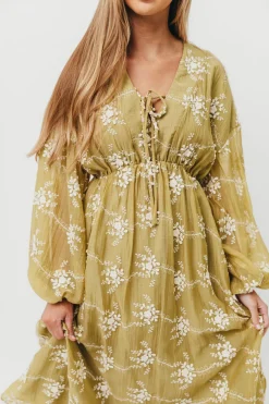 Sale Worth Collective Rossi Embroidery Long Sleeve Midi Dress in Moss