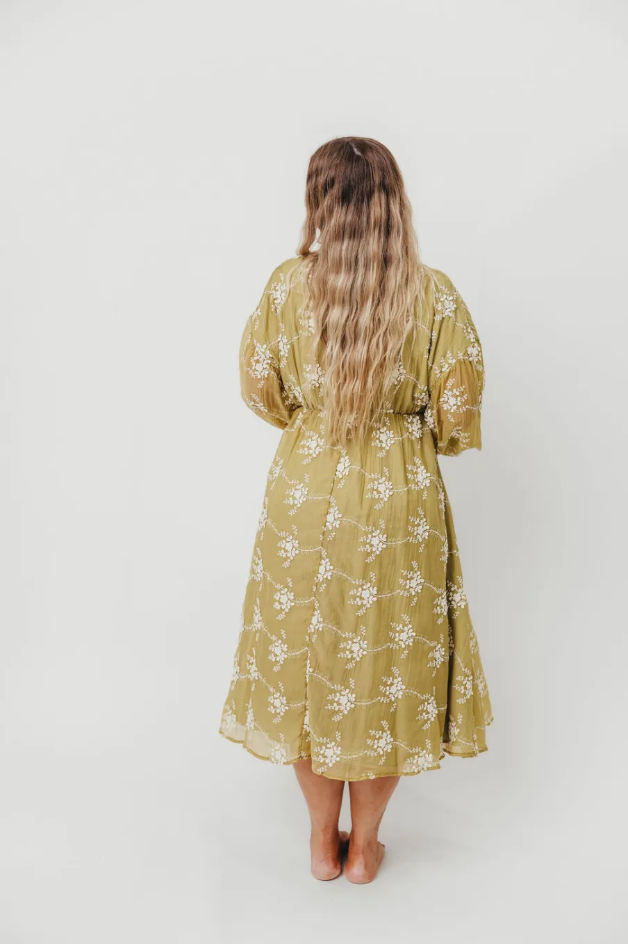 Sale Worth Collective Rossi Embroidery Long Sleeve Midi Dress in Moss