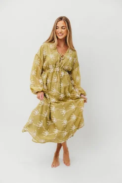 Sale Worth Collective Rossi Embroidery Long Sleeve Midi Dress in Moss