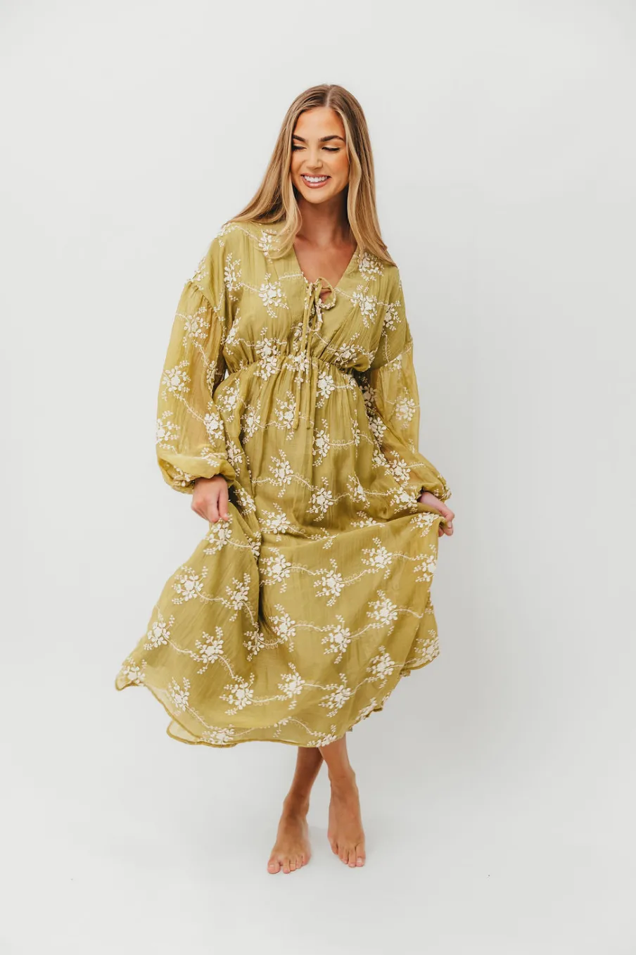 Sale Worth Collective Rossi Embroidery Long Sleeve Midi Dress in Moss