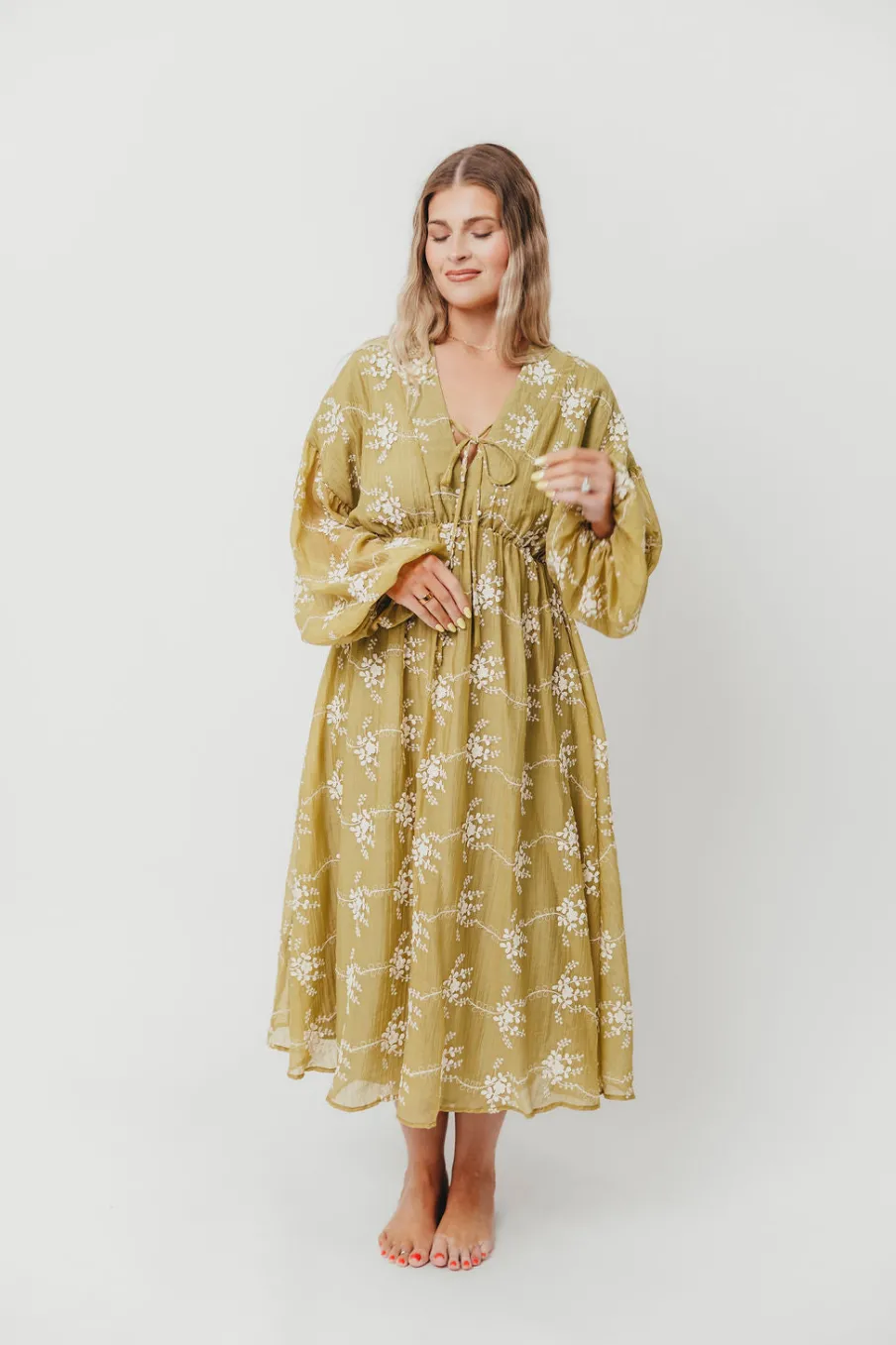 Sale Worth Collective Rossi Embroidery Long Sleeve Midi Dress in Moss