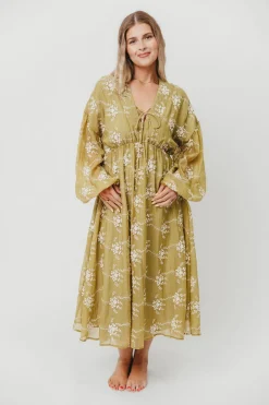 Sale Worth Collective Rossi Embroidery Long Sleeve Midi Dress in Moss