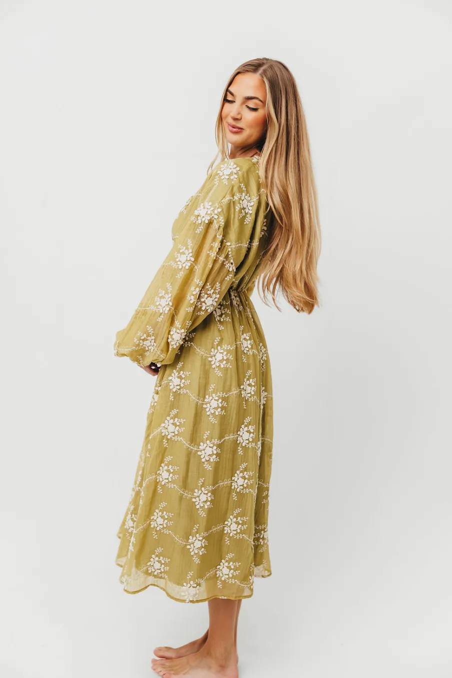 Sale Worth Collective Rossi Embroidery Long Sleeve Midi Dress in Moss