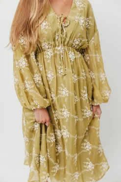 Sale Worth Collective Rossi Embroidery Long Sleeve Midi Dress in Moss