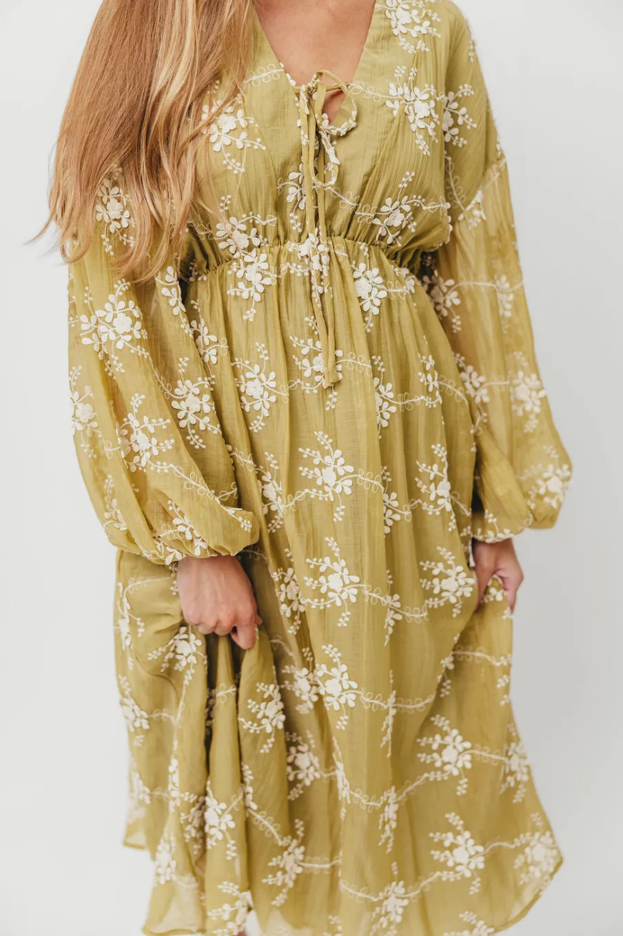Sale Worth Collective Rossi Embroidery Long Sleeve Midi Dress in Moss