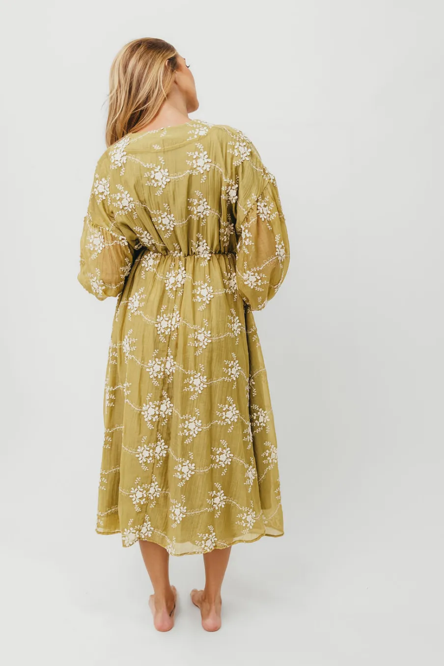 Sale Worth Collective Rossi Embroidery Long Sleeve Midi Dress in Moss
