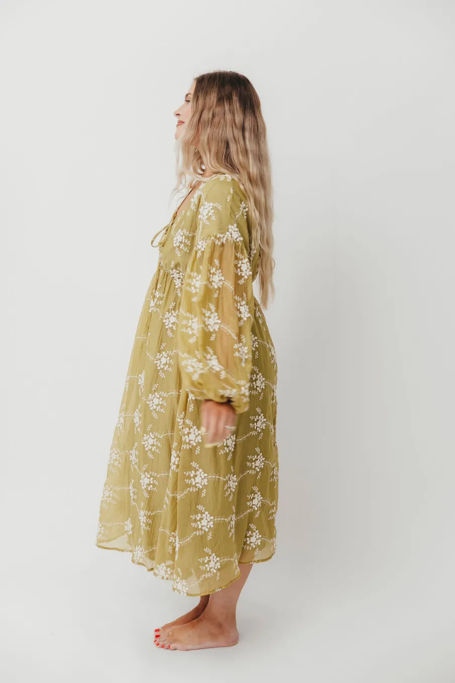 Sale Worth Collective Rossi Embroidery Long Sleeve Midi Dress in Moss