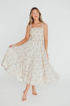 Outlet Worth Collective Ryan Ruffle Midi Dress with Embroidered Detail in Cream/Pink Floral