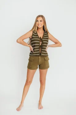 New Worth Collective Sadie Striped Knit Vest with Tie Front in Olive/White