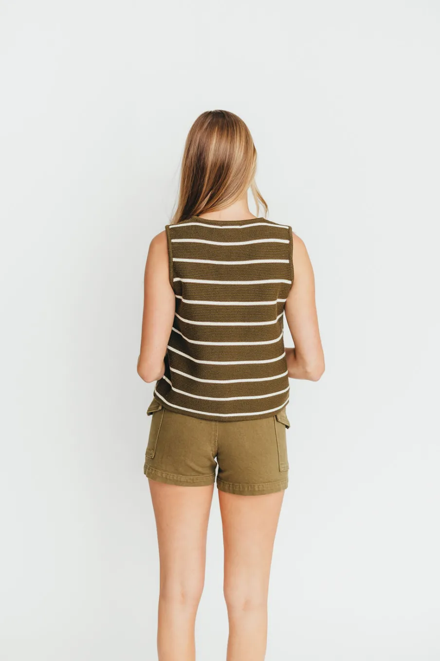 New Worth Collective Sadie Striped Knit Vest with Tie Front in Olive/White