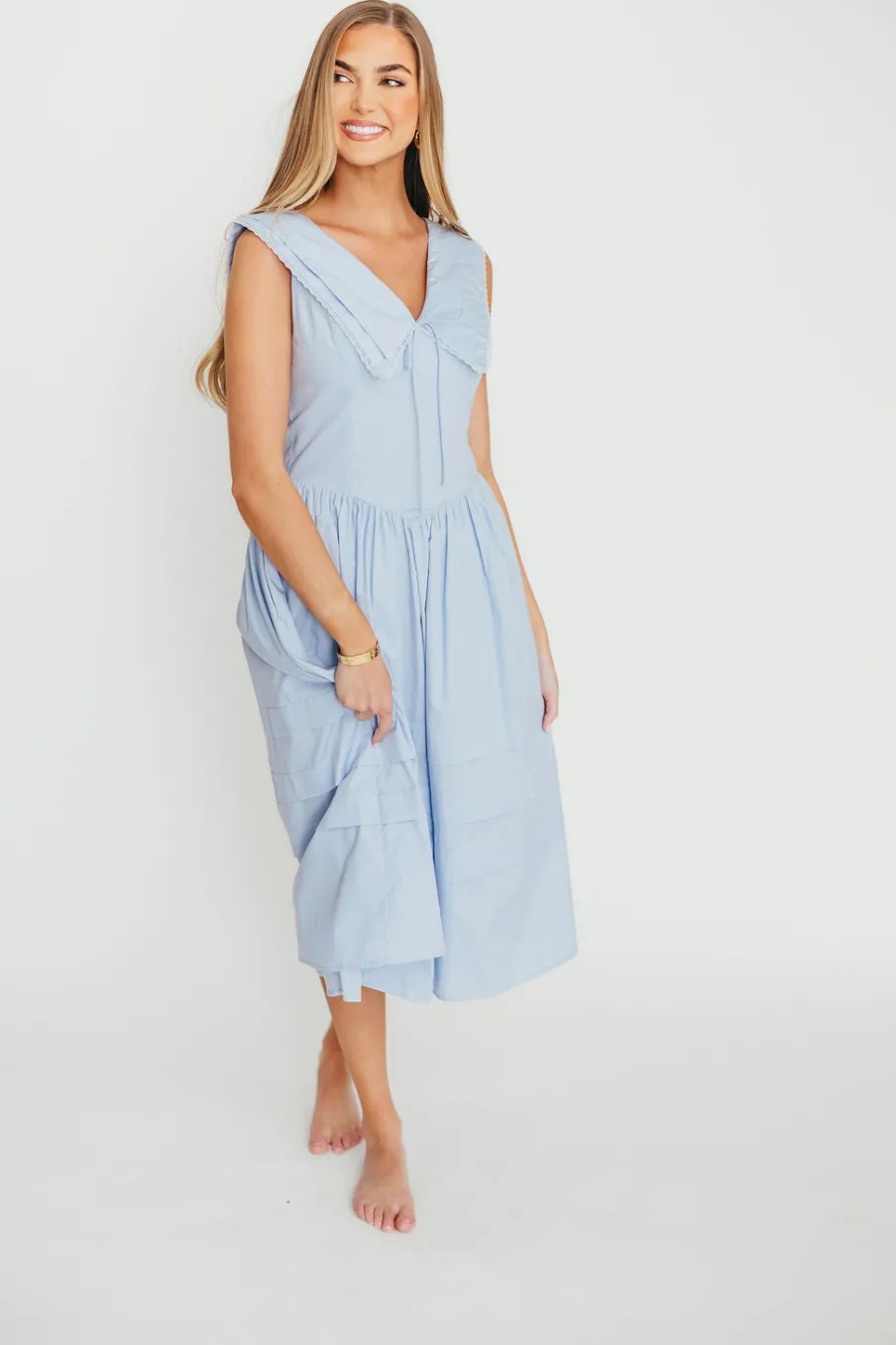 Clearance Worth Collective Sailor 100% Cotton Collared Midi Dress in Blue