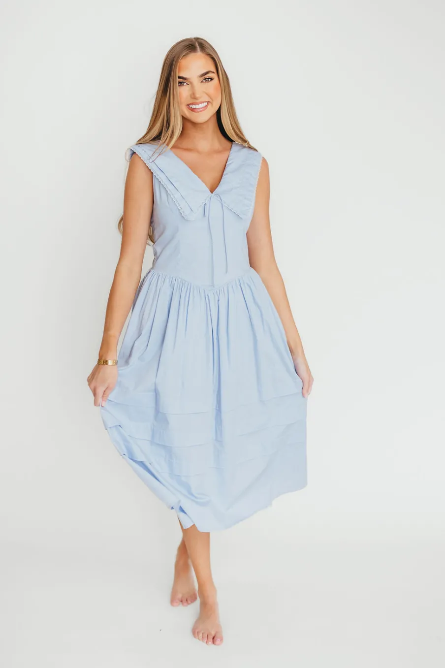Clearance Worth Collective Sailor 100% Cotton Collared Midi Dress in Blue