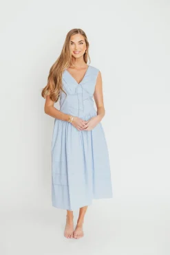 Clearance Worth Collective Sailor 100% Cotton Collared Midi Dress in Blue