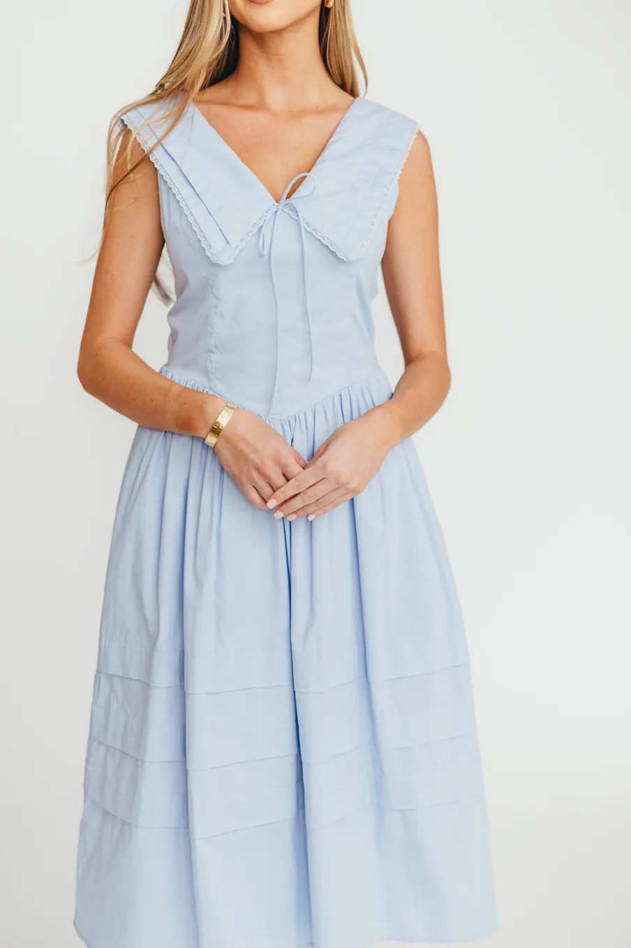 Clearance Worth Collective Sailor 100% Cotton Collared Midi Dress in Blue
