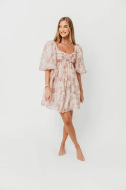 Discount Worth Collective Saint Malo Floral Smocked Mini Dress in Peach