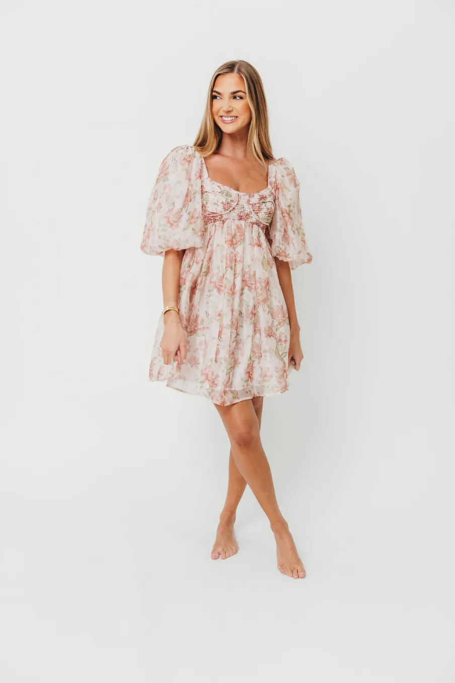 Discount Worth Collective Saint Malo Floral Smocked Mini Dress in Peach