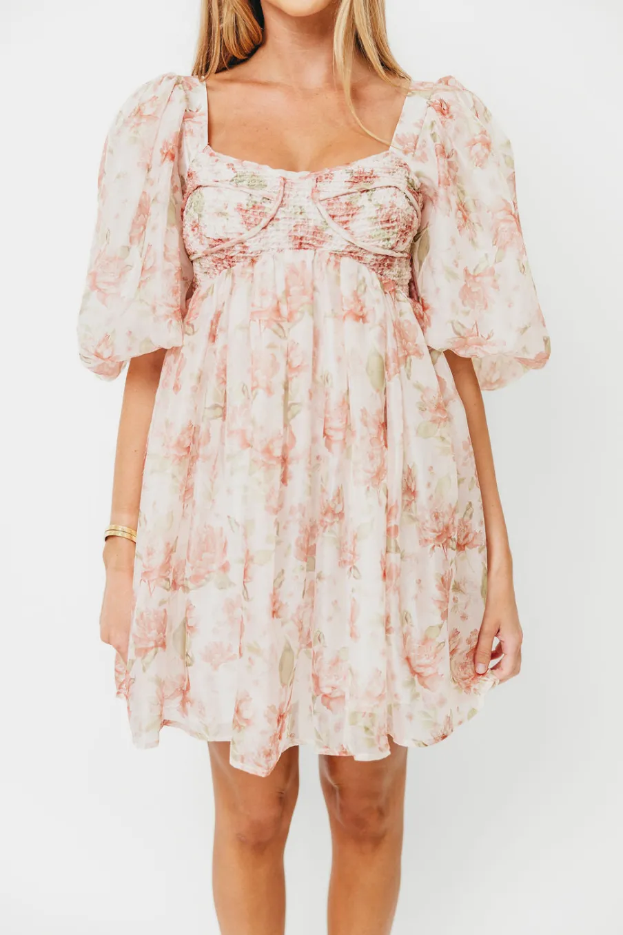Discount Worth Collective Saint Malo Floral Smocked Mini Dress in Peach