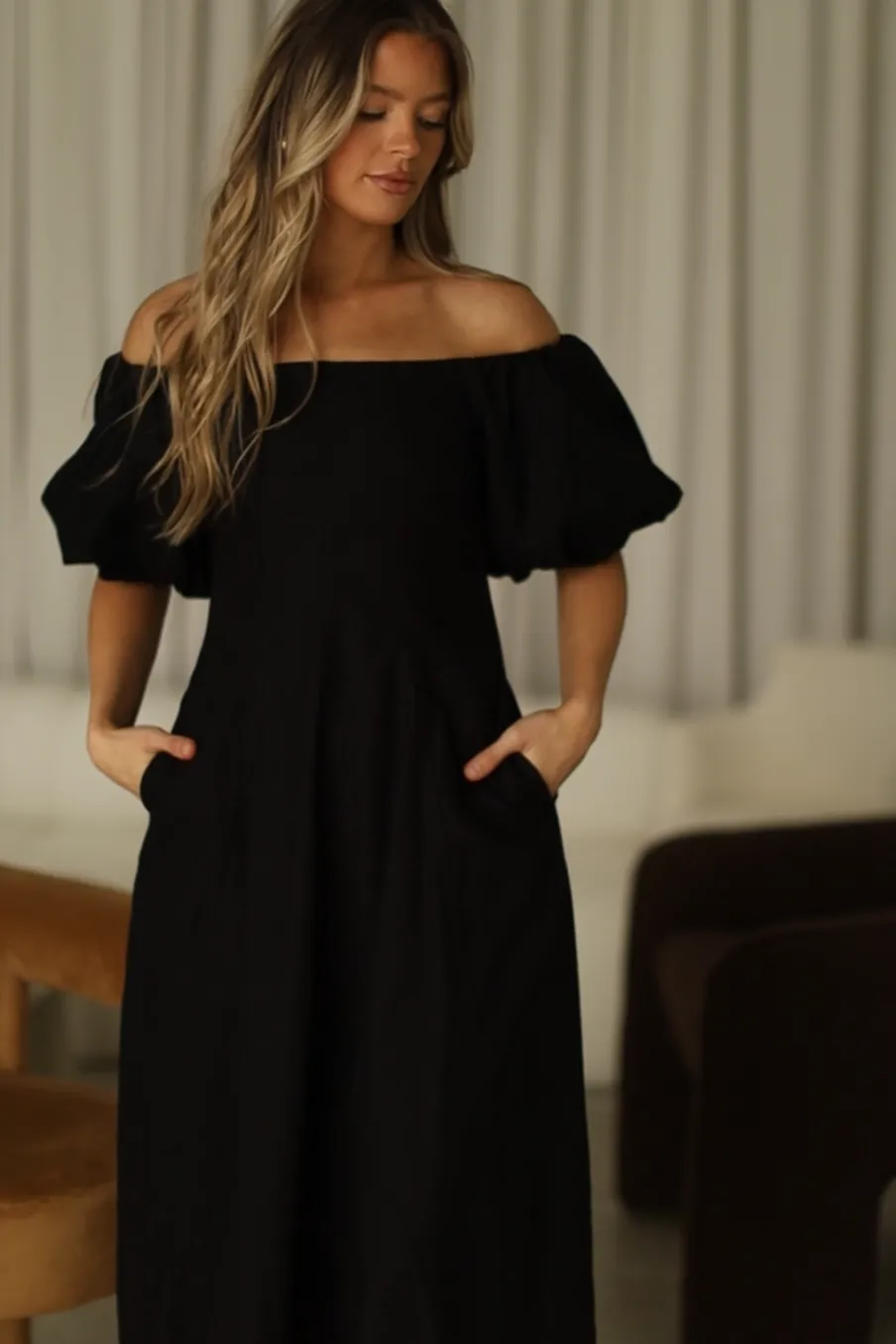 Online Worth Collective Serenity Off-The-Shoulder Midi Dress in Black