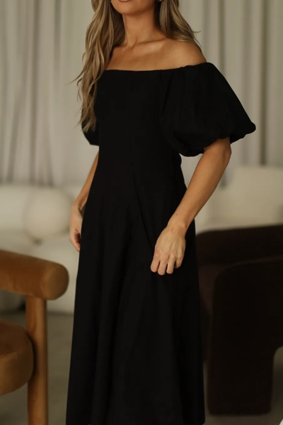 Online Worth Collective Serenity Off-The-Shoulder Midi Dress in Black