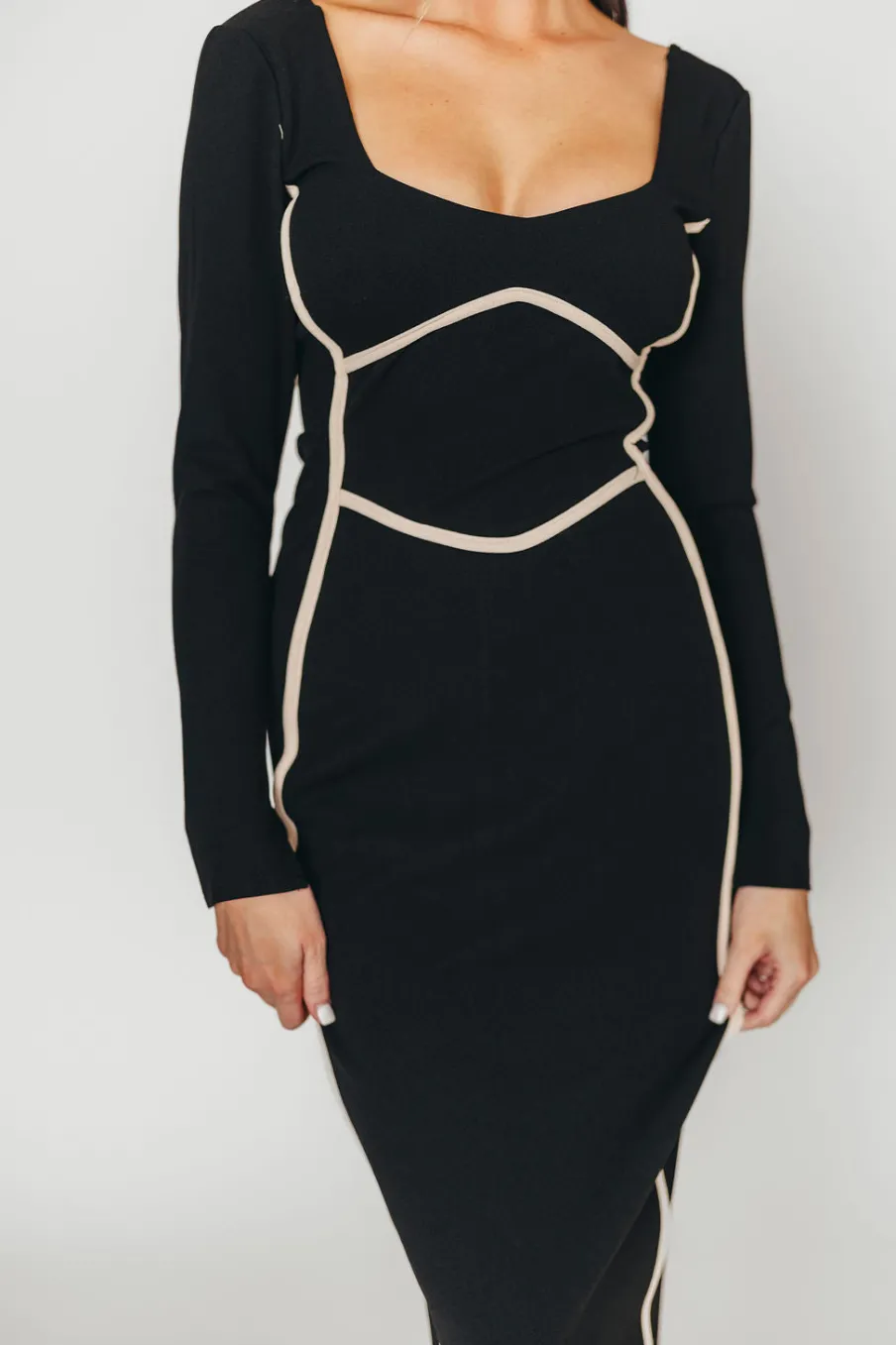 Clearance Worth Collective Shana Bodycon Midi Dress with Piping Trim in Black