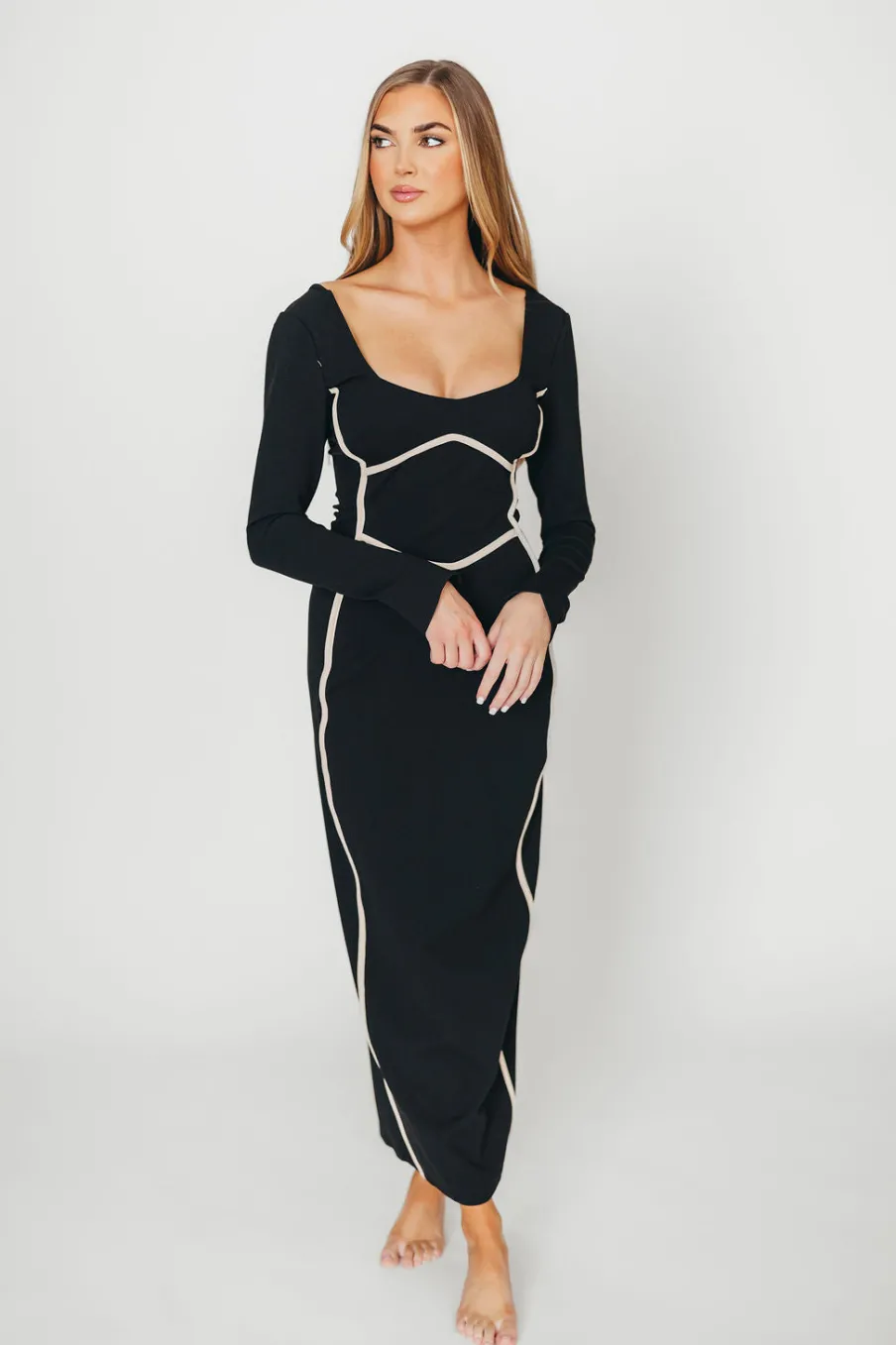 Clearance Worth Collective Shana Bodycon Midi Dress with Piping Trim in Black