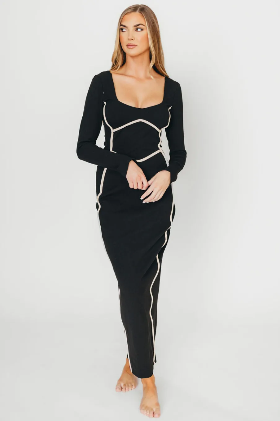 Clearance Worth Collective Shana Bodycon Midi Dress with Piping Trim in Black