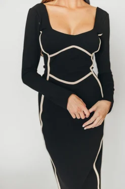 Clearance Worth Collective Shana Bodycon Midi Dress with Piping Trim in Black