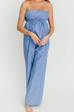 Clearance Worth Collective Shelly 100% Cotton Tube Top and Pants Set in Blue Stripe