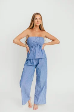 Clearance Worth Collective Shelly 100% Cotton Tube Top and Pants Set in Blue Stripe