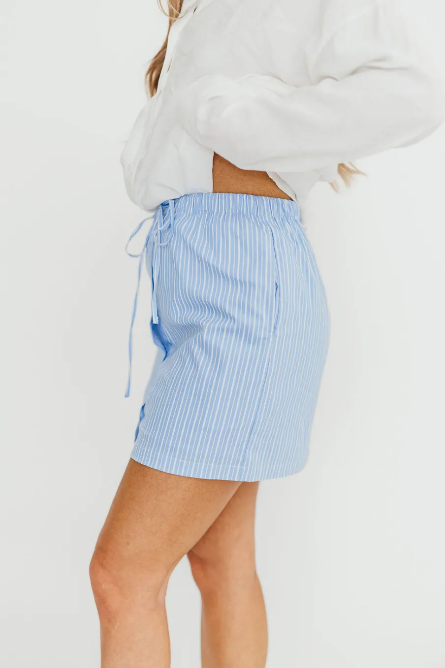 Hot Worth Collective Sia Striped Poplin Drawstring Skort in Light Blue