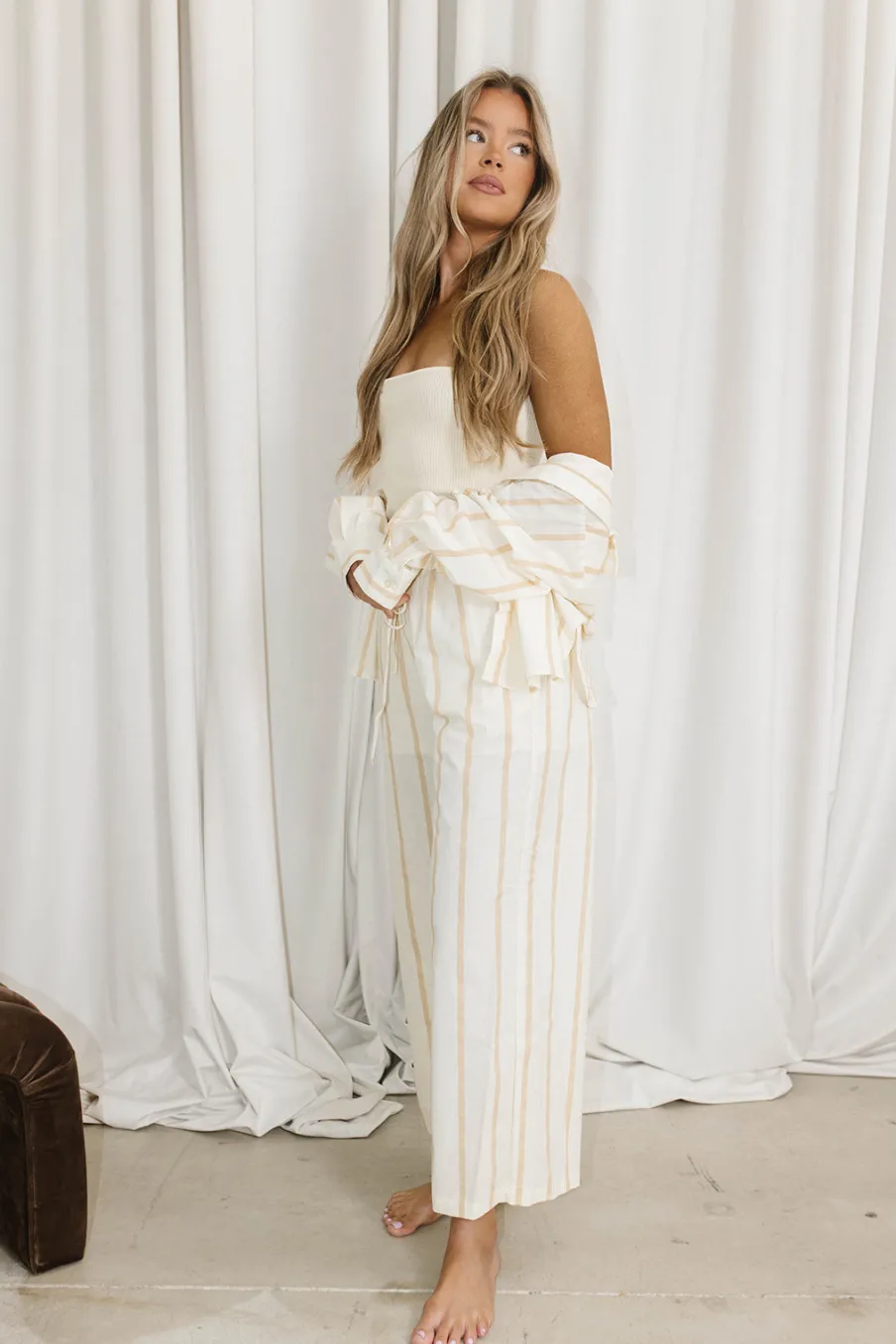 Hot Worth Collective Sicily Button-Down Top in Beige Stripe - Nursing Friendly