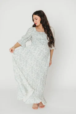 Fashion Worth Collective Sienna 100% Cotton Puff Sleeve Maxi Dress in Blue Floral - Bump Friend