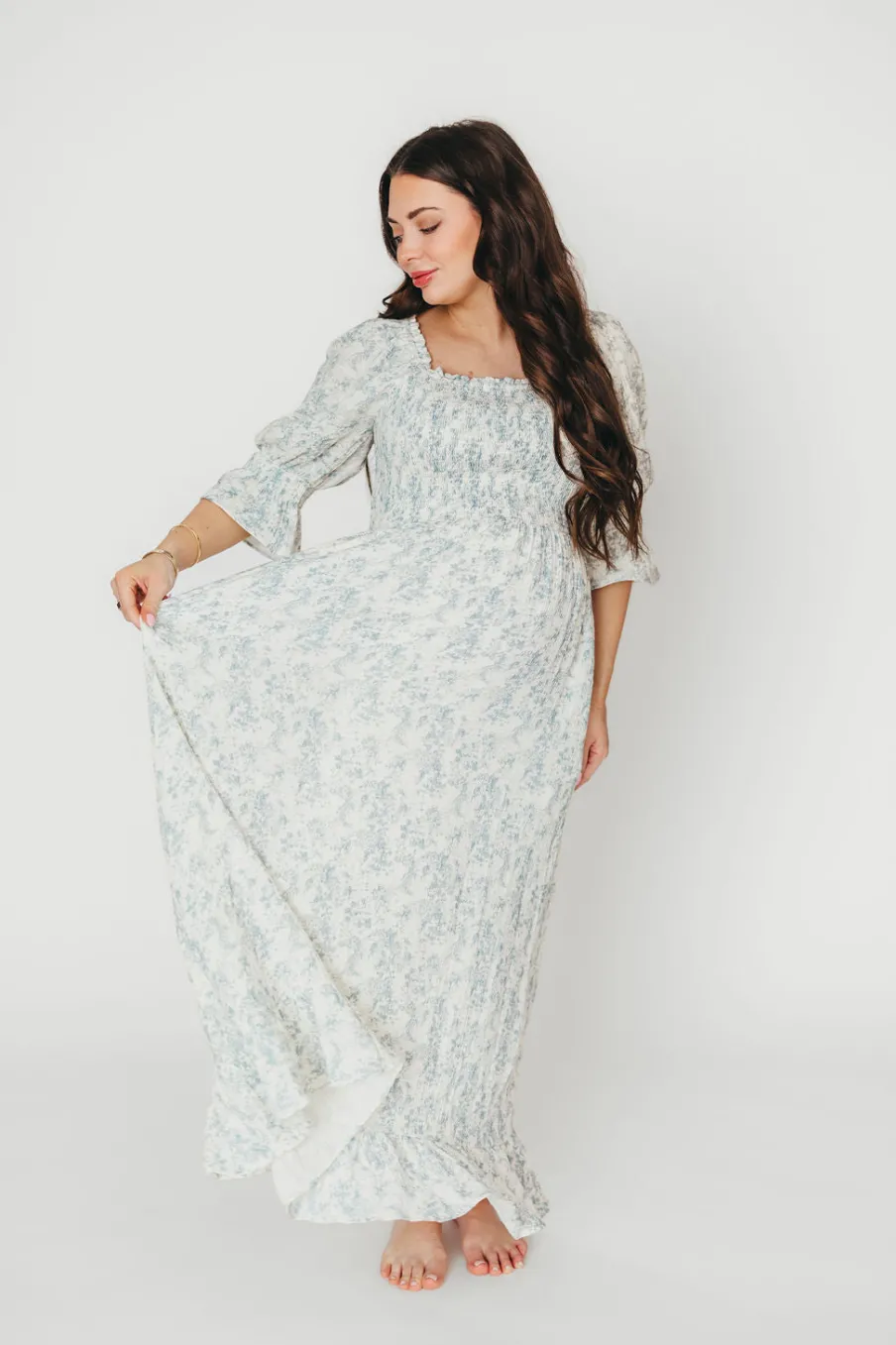 Fashion Worth Collective Sienna 100% Cotton Puff Sleeve Maxi Dress in Blue Floral - Bump Friend