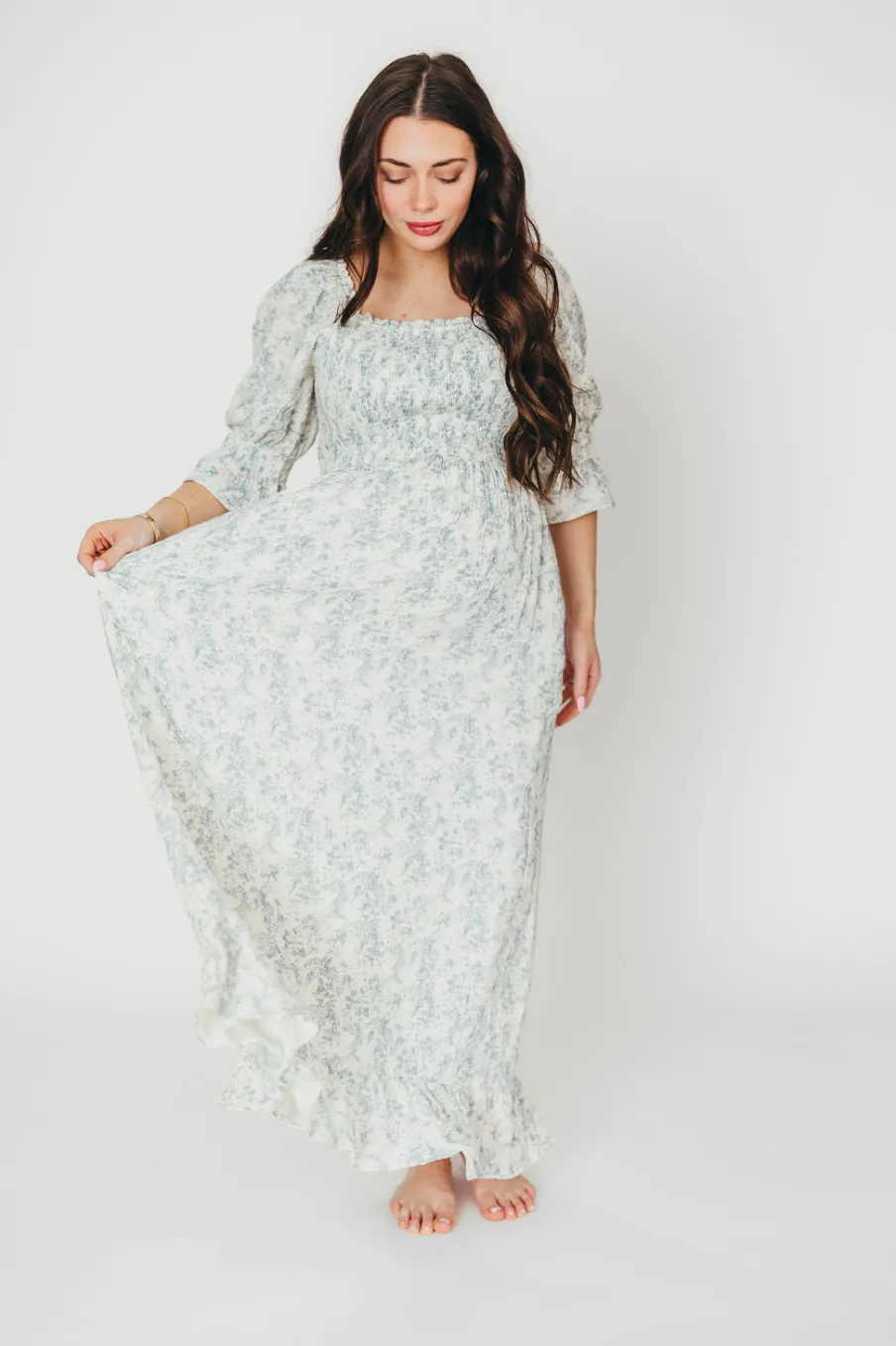 Fashion Worth Collective Sienna 100% Cotton Puff Sleeve Maxi Dress in Blue Floral - Bump Friend