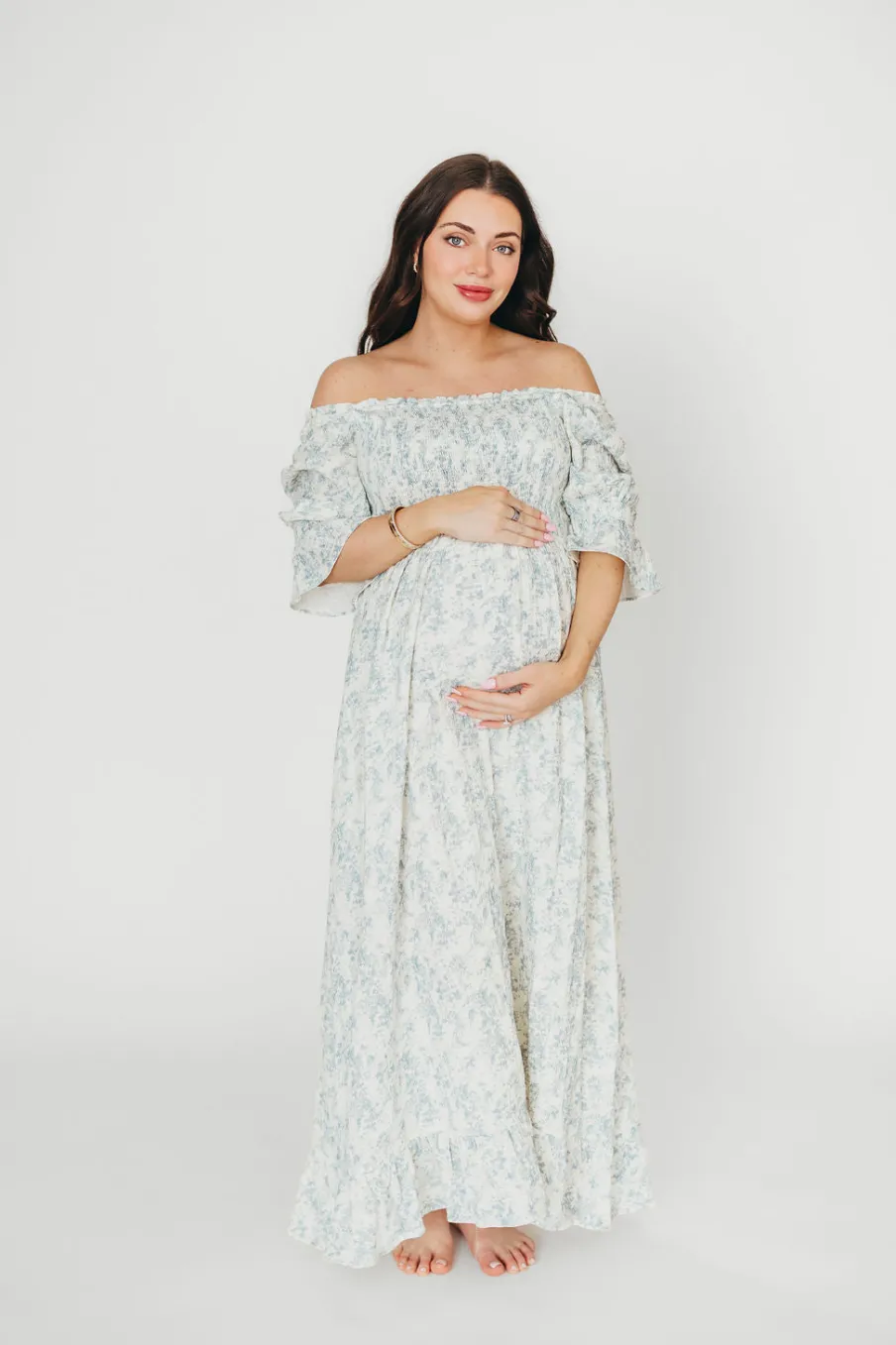 Fashion Worth Collective Sienna 100% Cotton Puff Sleeve Maxi Dress in Blue Floral - Bump Friend