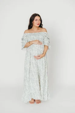 Fashion Worth Collective Sienna 100% Cotton Puff Sleeve Maxi Dress in Blue Floral - Bump Friend