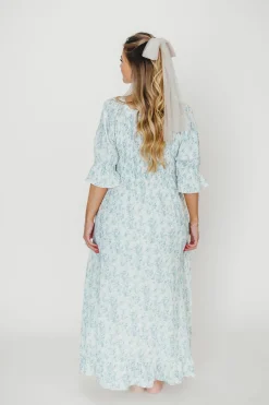 Fashion Worth Collective Sienna 100% Cotton Puff Sleeve Maxi Dress in Blue Floral - Bump Friend