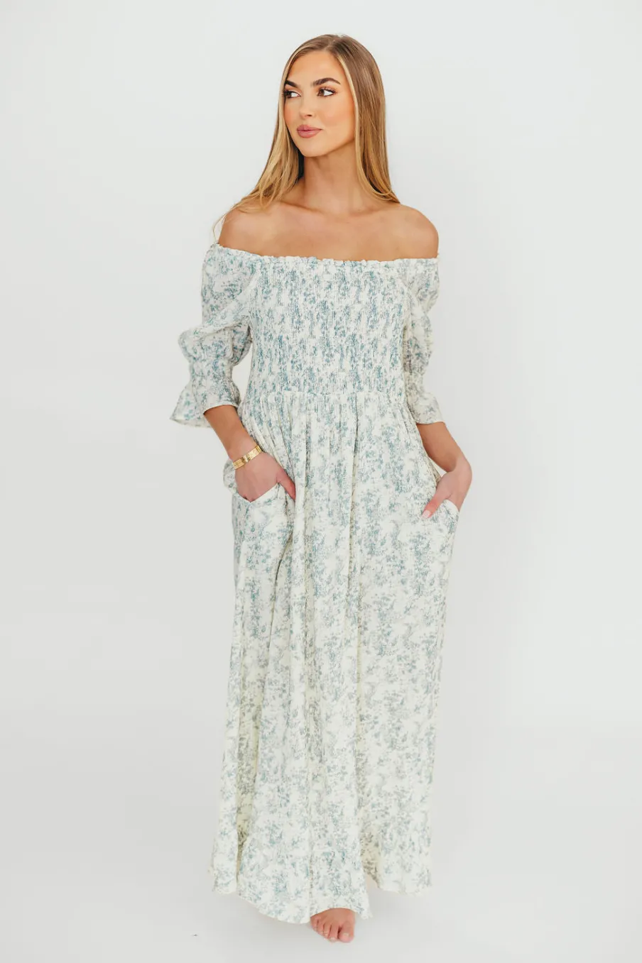 Fashion Worth Collective Sienna 100% Cotton Puff Sleeve Maxi Dress in Blue Floral - Bump Friend