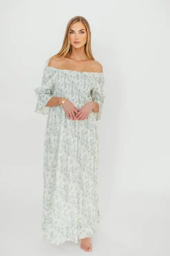 Fashion Worth Collective Sienna 100% Cotton Puff Sleeve Maxi Dress in Blue Floral - Bump Friend