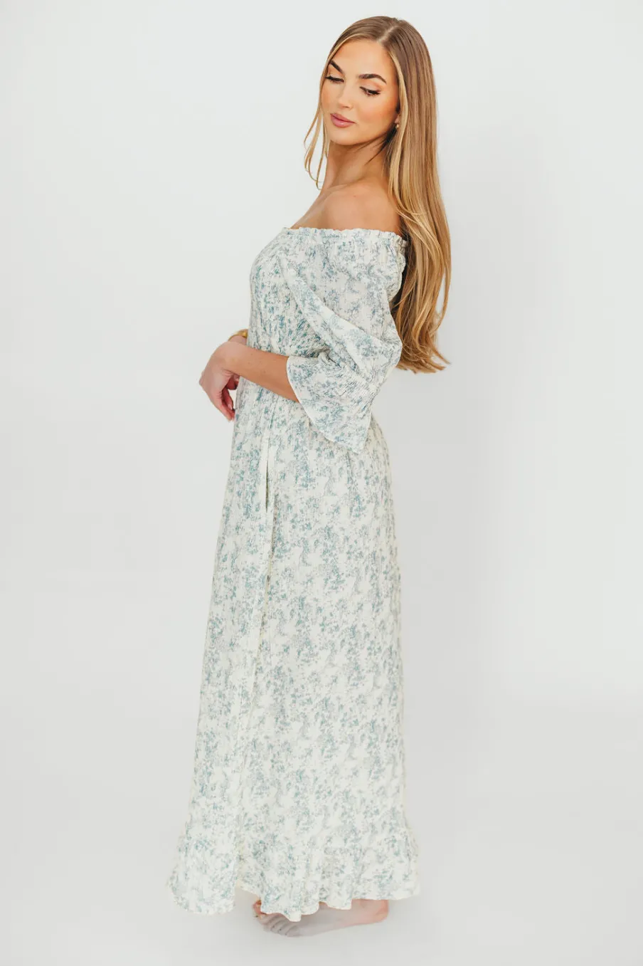 Fashion Worth Collective Sienna 100% Cotton Puff Sleeve Maxi Dress in Blue Floral - Bump Friend