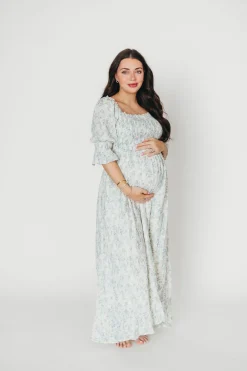 Fashion Worth Collective Sienna 100% Cotton Puff Sleeve Maxi Dress in Blue Floral - Bump Friend