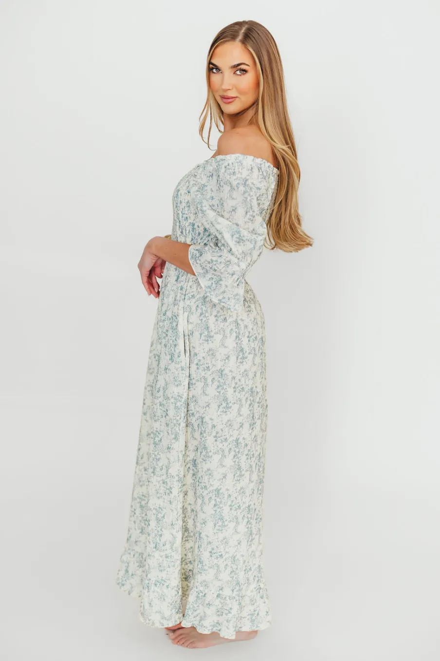 Fashion Worth Collective Sienna 100% Cotton Puff Sleeve Maxi Dress in Blue Floral - Bump Friend