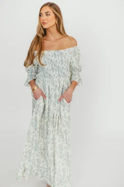 Fashion Worth Collective Sienna 100% Cotton Puff Sleeve Maxi Dress in Blue Floral - Bump Friend