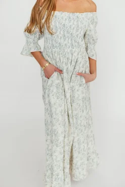 Fashion Worth Collective Sienna 100% Cotton Puff Sleeve Maxi Dress in Blue Floral - Bump Friend