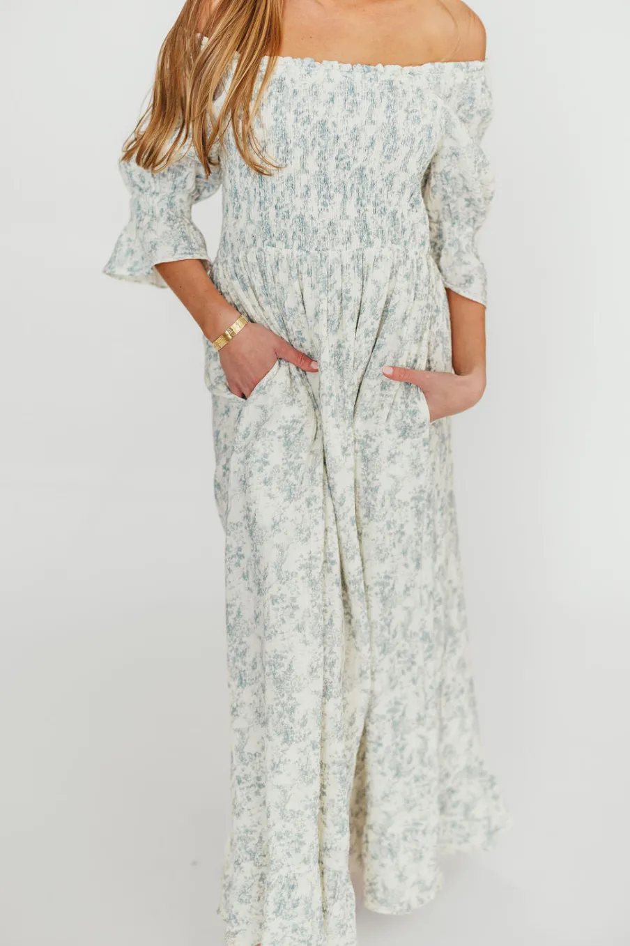 Fashion Worth Collective Sienna 100% Cotton Puff Sleeve Maxi Dress in Blue Floral - Bump Friend