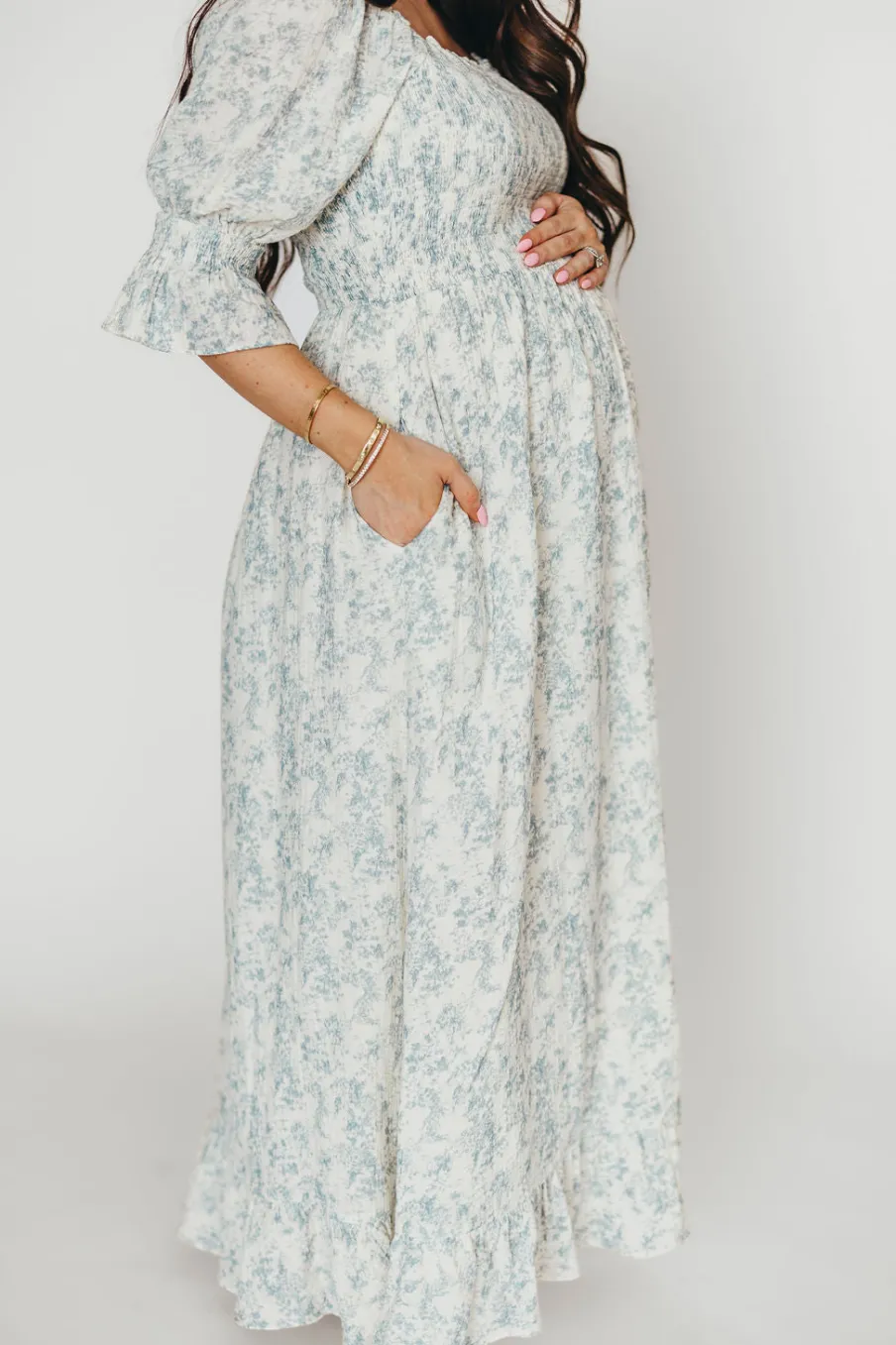 Fashion Worth Collective Sienna 100% Cotton Puff Sleeve Maxi Dress in Blue Floral - Bump Friend